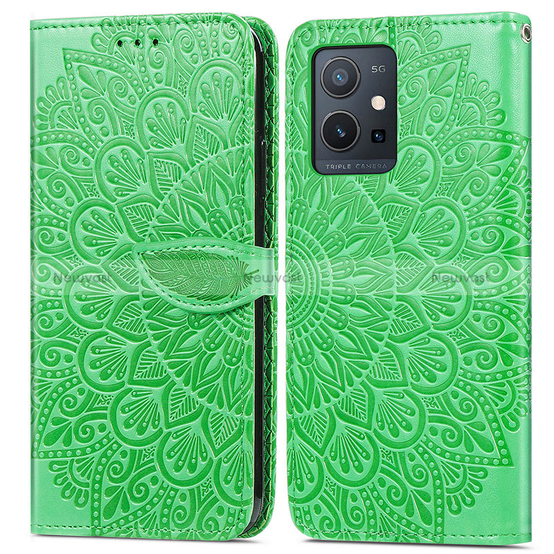 Leather Case Stands Fashionable Pattern Flip Cover Holder S04D for Vivo T1 5G India Green