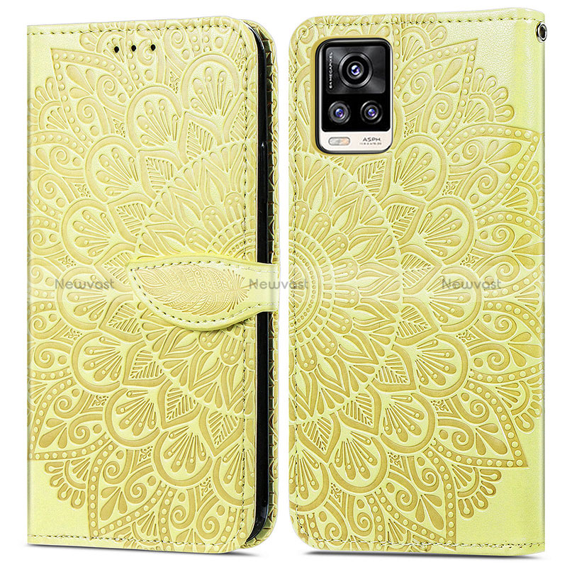 Leather Case Stands Fashionable Pattern Flip Cover Holder S04D for Vivo V20 Yellow