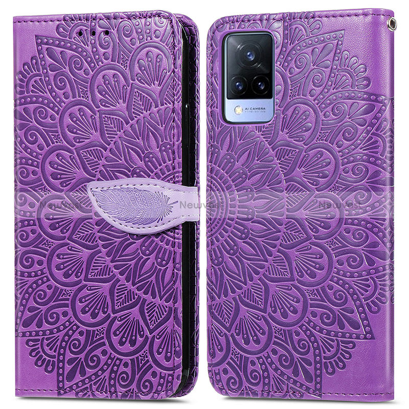 Leather Case Stands Fashionable Pattern Flip Cover Holder S04D for Vivo V21 5G Purple