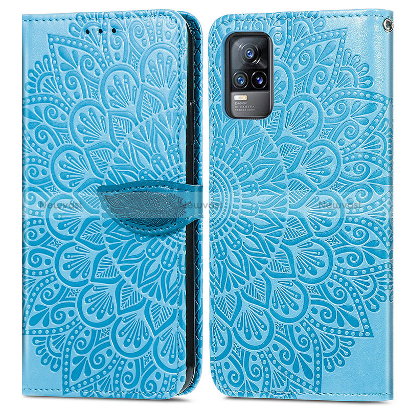 Leather Case Stands Fashionable Pattern Flip Cover Holder S04D for Vivo V21e 4G Blue