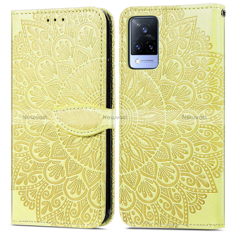 Leather Case Stands Fashionable Pattern Flip Cover Holder S04D for Vivo V21s 5G Yellow