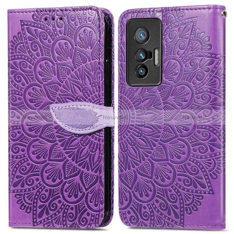 Leather Case Stands Fashionable Pattern Flip Cover Holder S04D for Vivo X70t Purple