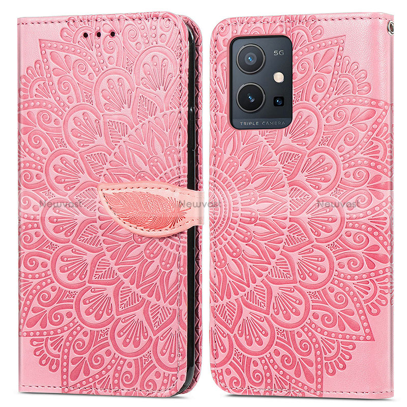 Leather Case Stands Fashionable Pattern Flip Cover Holder S04D for Vivo Y30 5G Rose Gold