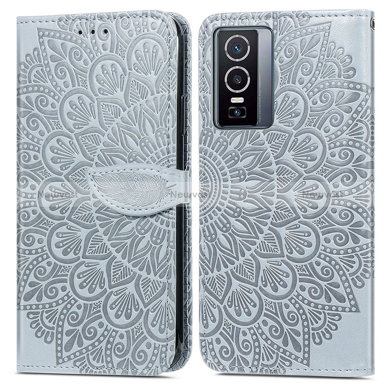 Leather Case Stands Fashionable Pattern Flip Cover Holder S04D for Vivo Y76 5G Gray