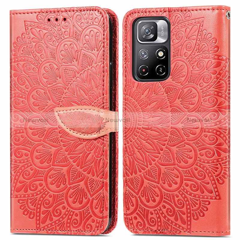 Leather Case Stands Fashionable Pattern Flip Cover Holder S04D for Xiaomi Poco M4 Pro 5G Red