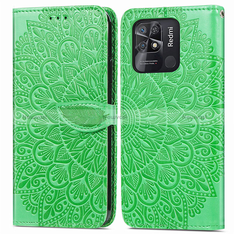 Leather Case Stands Fashionable Pattern Flip Cover Holder S04D for Xiaomi Redmi 10 India Green