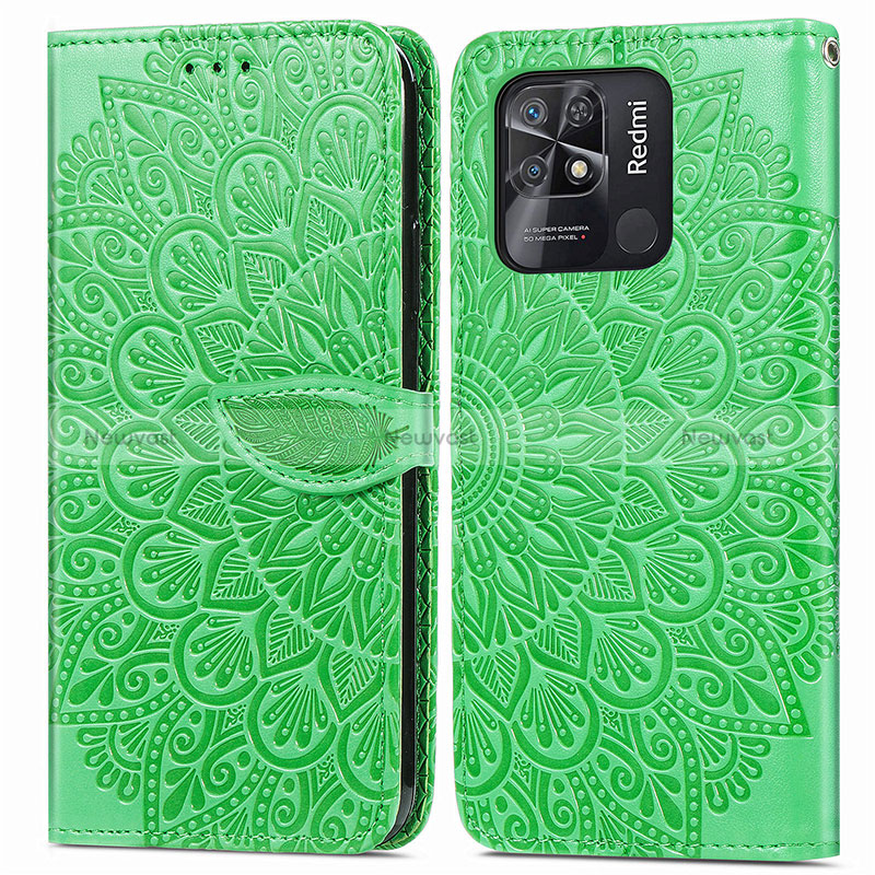 Leather Case Stands Fashionable Pattern Flip Cover Holder S04D for Xiaomi Redmi 10C 4G Green