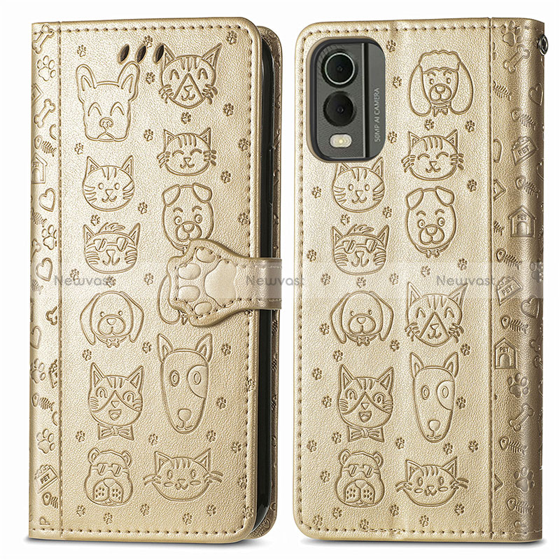 Leather Case Stands Fashionable Pattern Flip Cover Holder S05D for Nokia C32 Gold