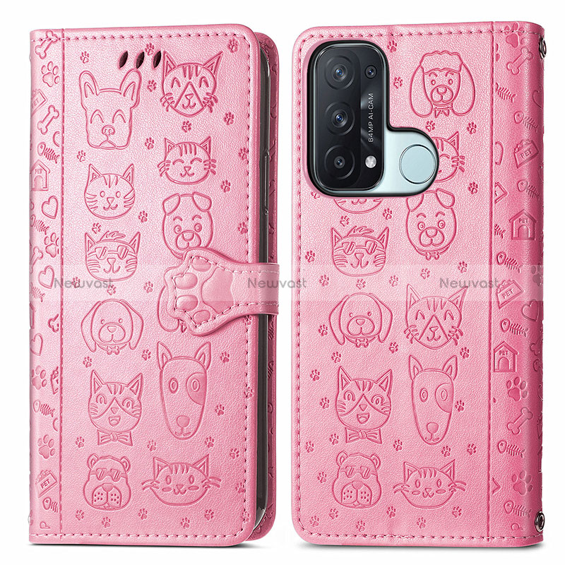 Leather Case Stands Fashionable Pattern Flip Cover Holder S05D for Oppo Reno5 A Pink