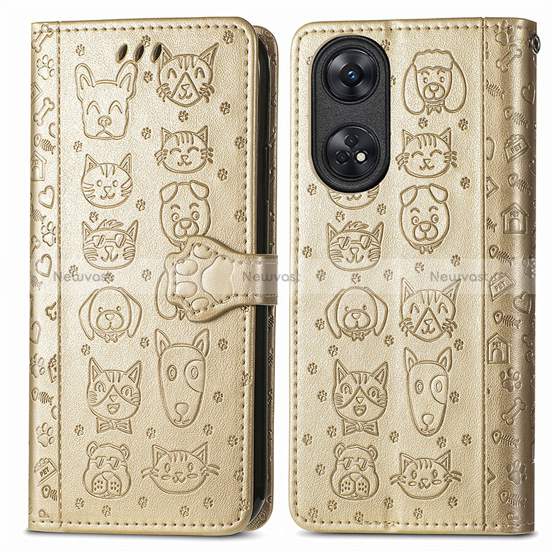 Leather Case Stands Fashionable Pattern Flip Cover Holder S05D for Oppo Reno8 T 4G Gold