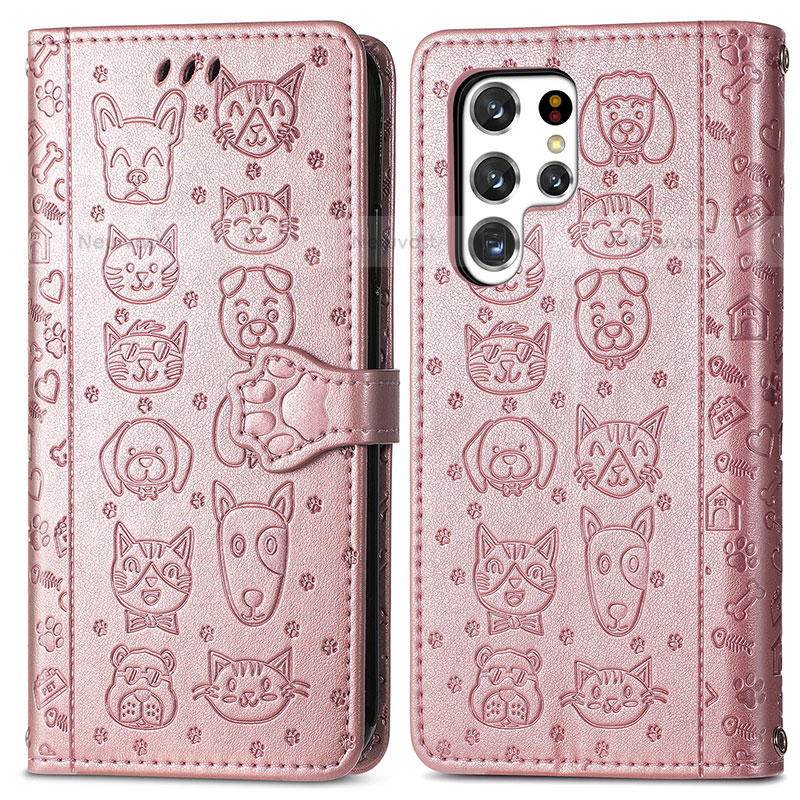 Leather Case Stands Fashionable Pattern Flip Cover Holder S05D for Samsung Galaxy S21 Ultra 5G Pink