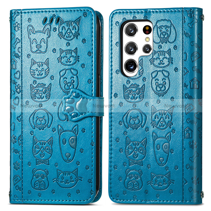 Leather Case Stands Fashionable Pattern Flip Cover Holder S05D for Samsung Galaxy S24 Ultra 5G Blue