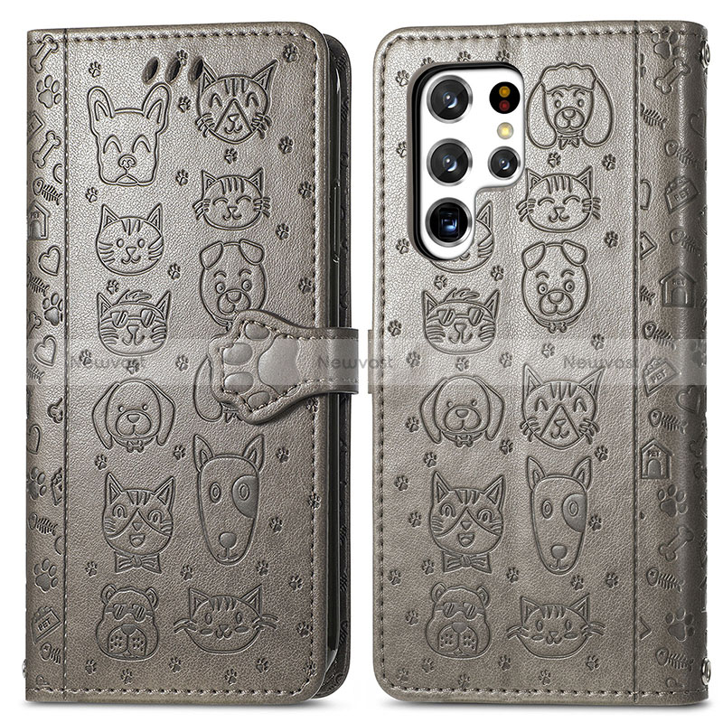 Leather Case Stands Fashionable Pattern Flip Cover Holder S05D for Samsung Galaxy S24 Ultra 5G Gray