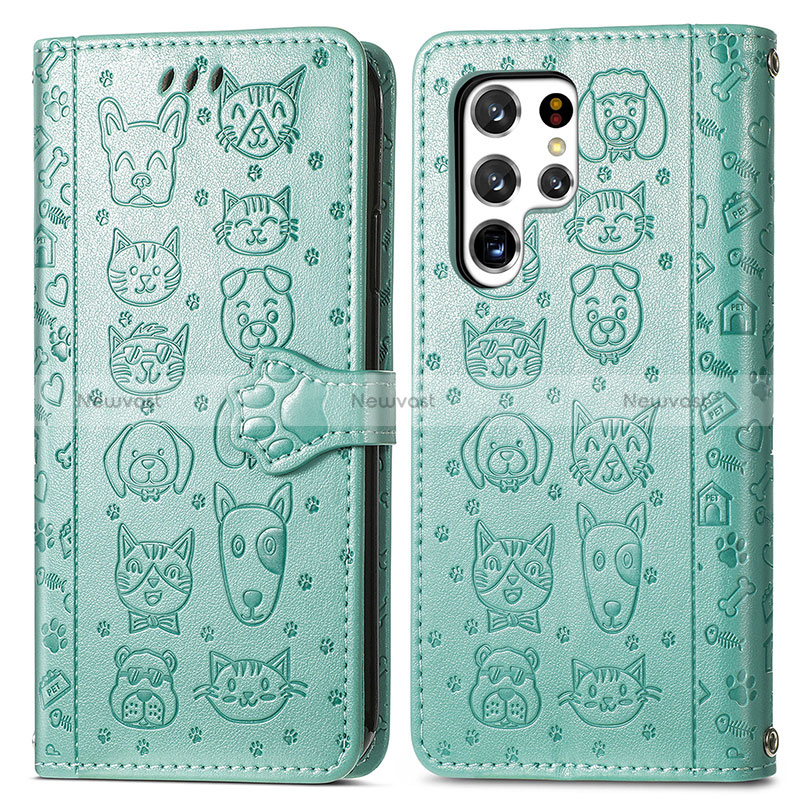 Leather Case Stands Fashionable Pattern Flip Cover Holder S05D for Samsung Galaxy S24 Ultra 5G Green