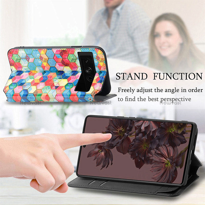 Leather Case Stands Fashionable Pattern Flip Cover Holder S06D for Google Pixel 7 Pro 5G