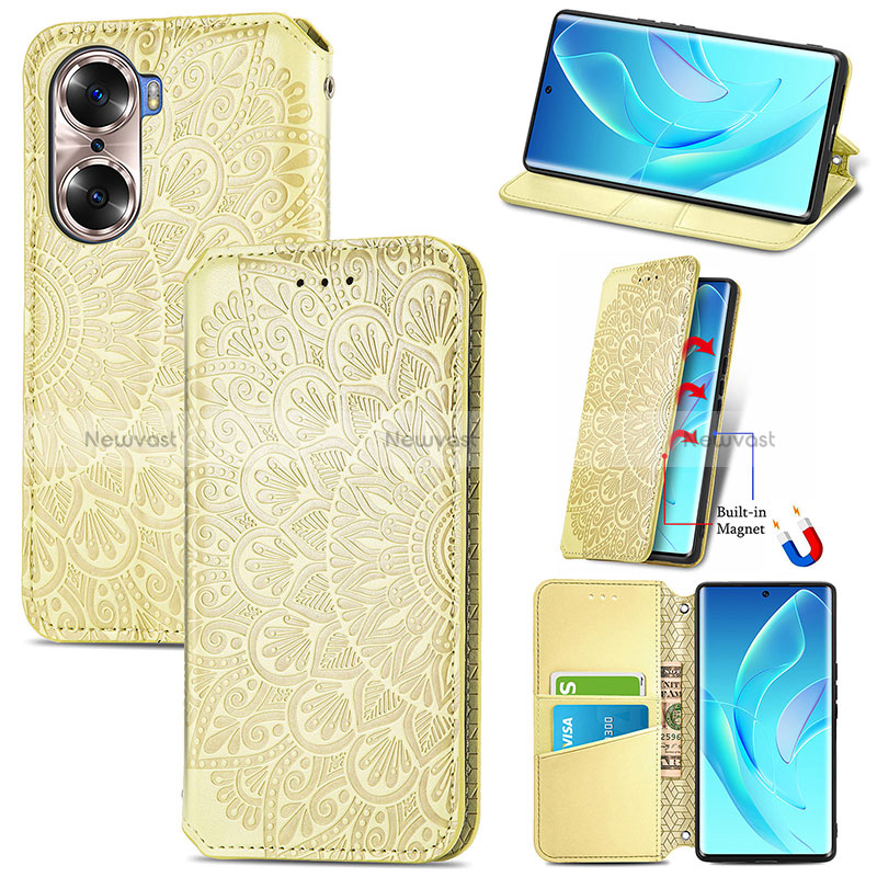 Leather Case Stands Fashionable Pattern Flip Cover Holder S07D for Huawei Honor 60 5G Gold