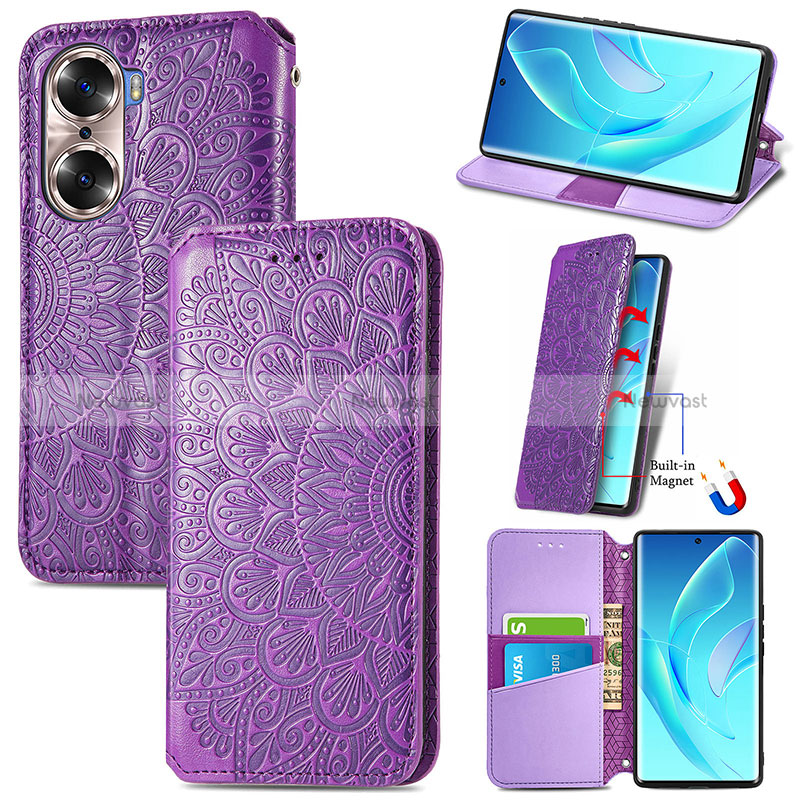 Leather Case Stands Fashionable Pattern Flip Cover Holder S07D for Huawei Honor 60 5G Purple