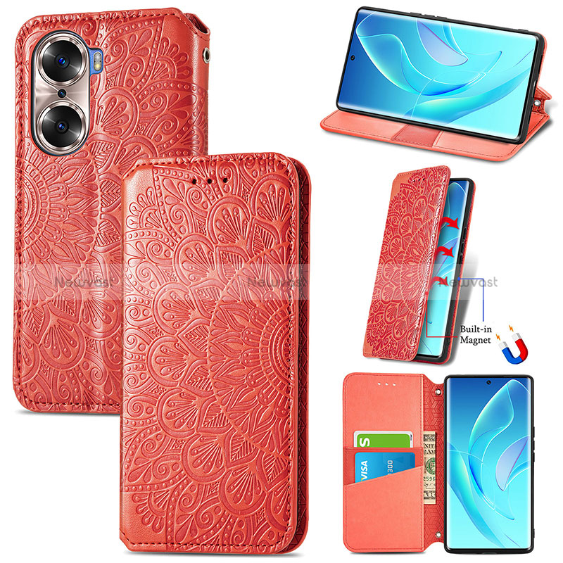 Leather Case Stands Fashionable Pattern Flip Cover Holder S07D for Huawei Honor 60 5G Red