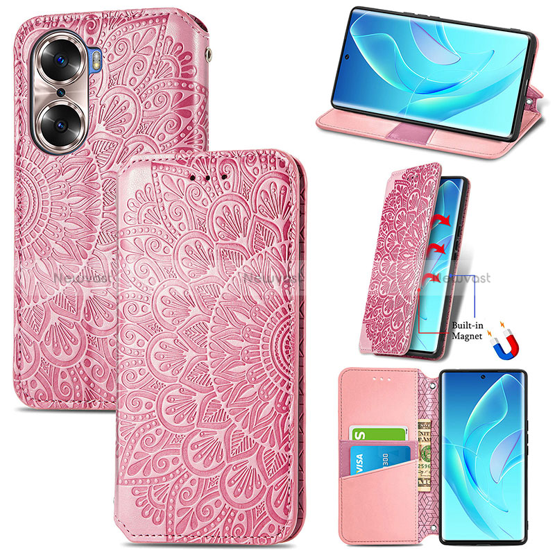 Leather Case Stands Fashionable Pattern Flip Cover Holder S07D for Huawei Honor 60 Pro 5G