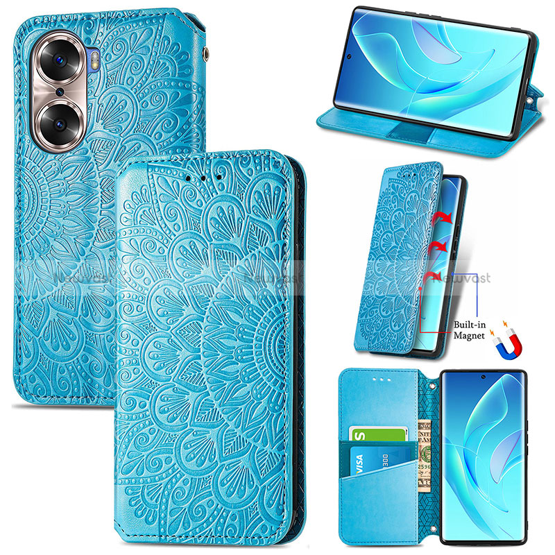 Leather Case Stands Fashionable Pattern Flip Cover Holder S07D for Huawei Honor 60 Pro 5G Blue