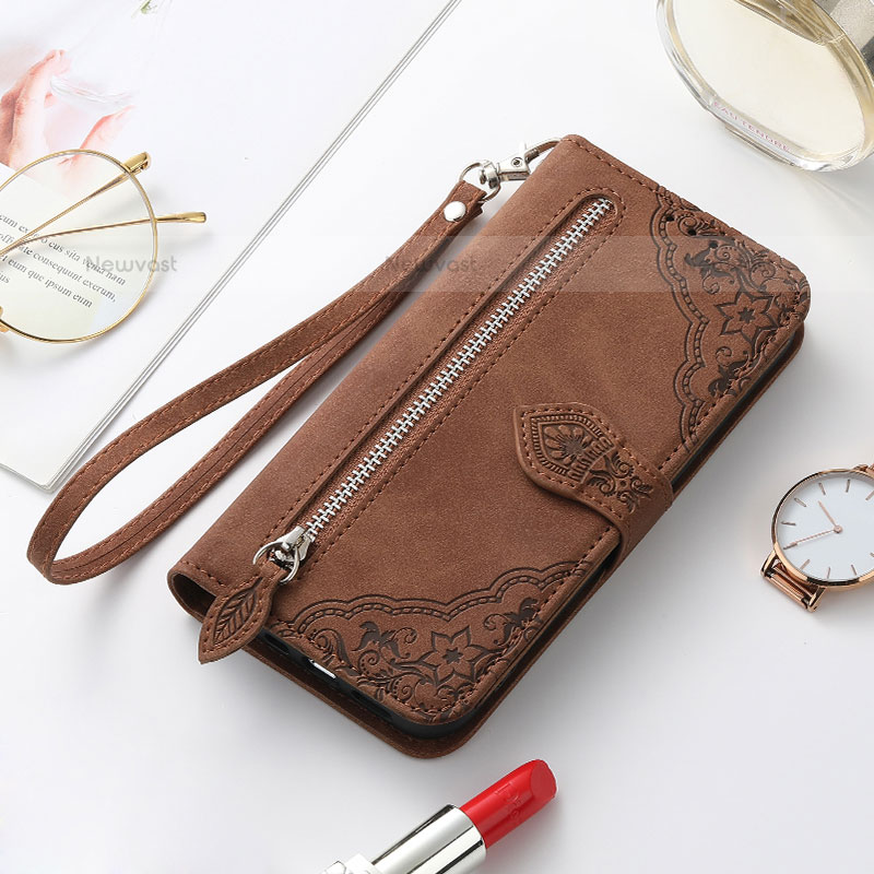 Leather Case Stands Fashionable Pattern Flip Cover Holder S07D for Samsung Galaxy S21 5G Brown