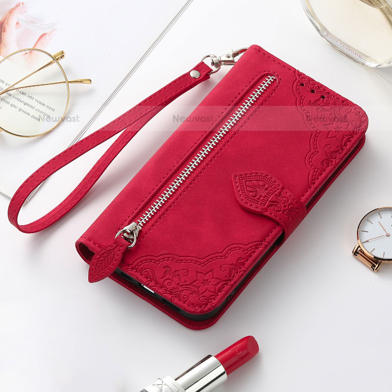 Leather Case Stands Fashionable Pattern Flip Cover Holder S07D for Samsung Galaxy S21 5G Red