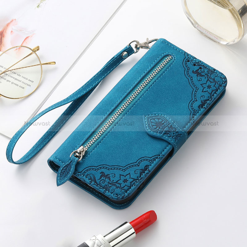 Leather Case Stands Fashionable Pattern Flip Cover Holder S07D for Samsung Galaxy S22 Plus 5G Blue