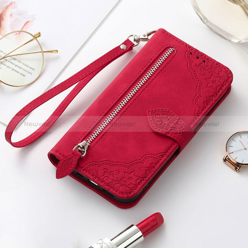 Leather Case Stands Fashionable Pattern Flip Cover Holder S07D for Samsung Galaxy S22 Plus 5G Red