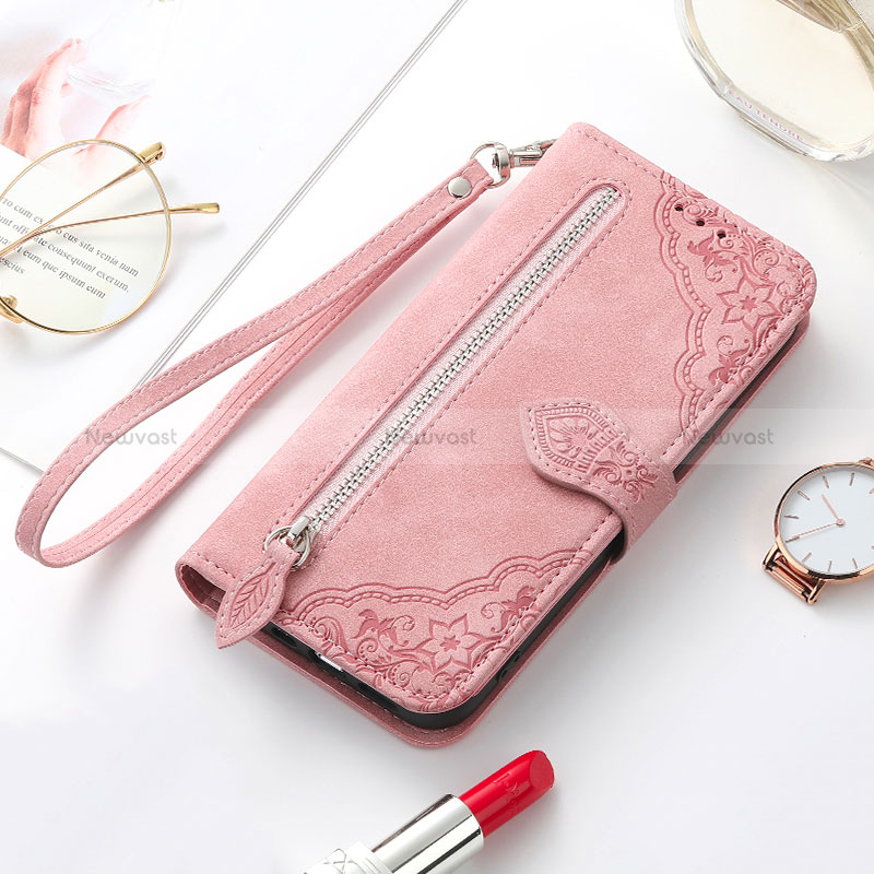 Leather Case Stands Fashionable Pattern Flip Cover Holder S07D for Samsung Galaxy S22 Plus 5G Rose Gold
