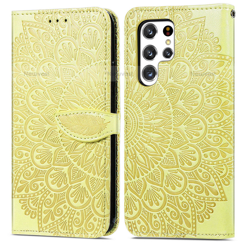 Leather Case Stands Fashionable Pattern Flip Cover Holder S07D for Samsung Galaxy S22 Ultra 5G Yellow