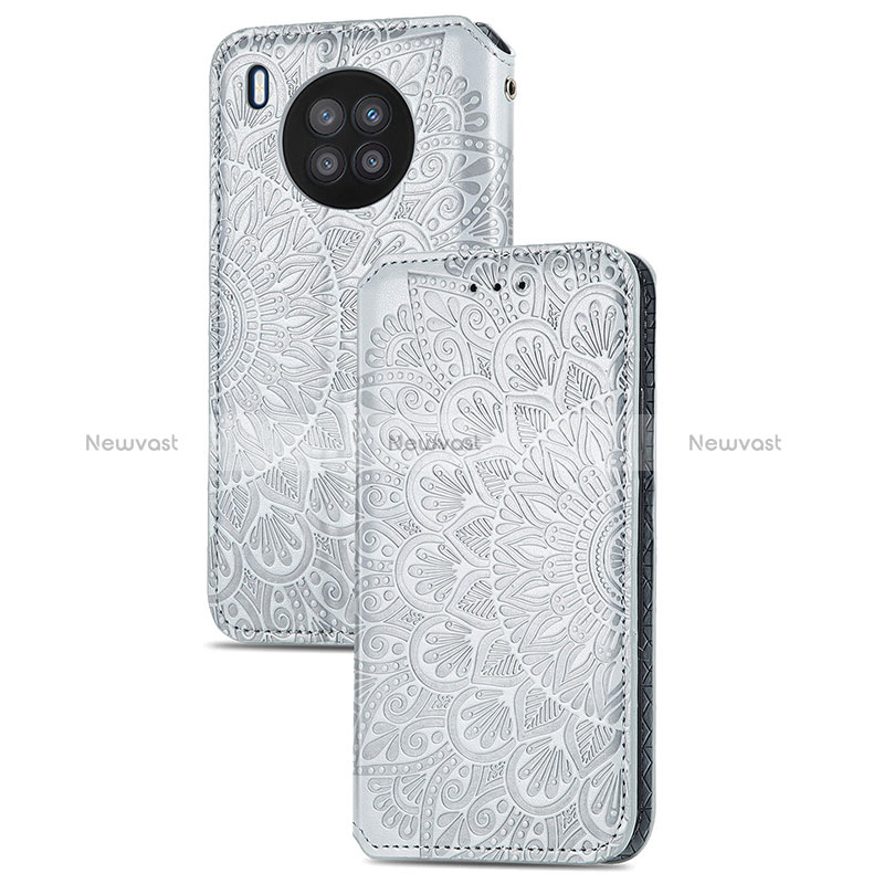 Leather Case Stands Fashionable Pattern Flip Cover Holder S09D for Huawei Honor 50 Lite Silver