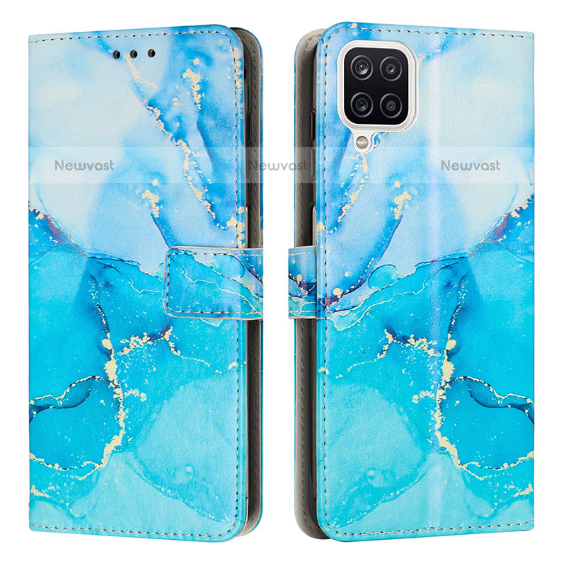 Leather Case Stands Fashionable Pattern Flip Cover Holder Y01X for Samsung Galaxy F12 Blue