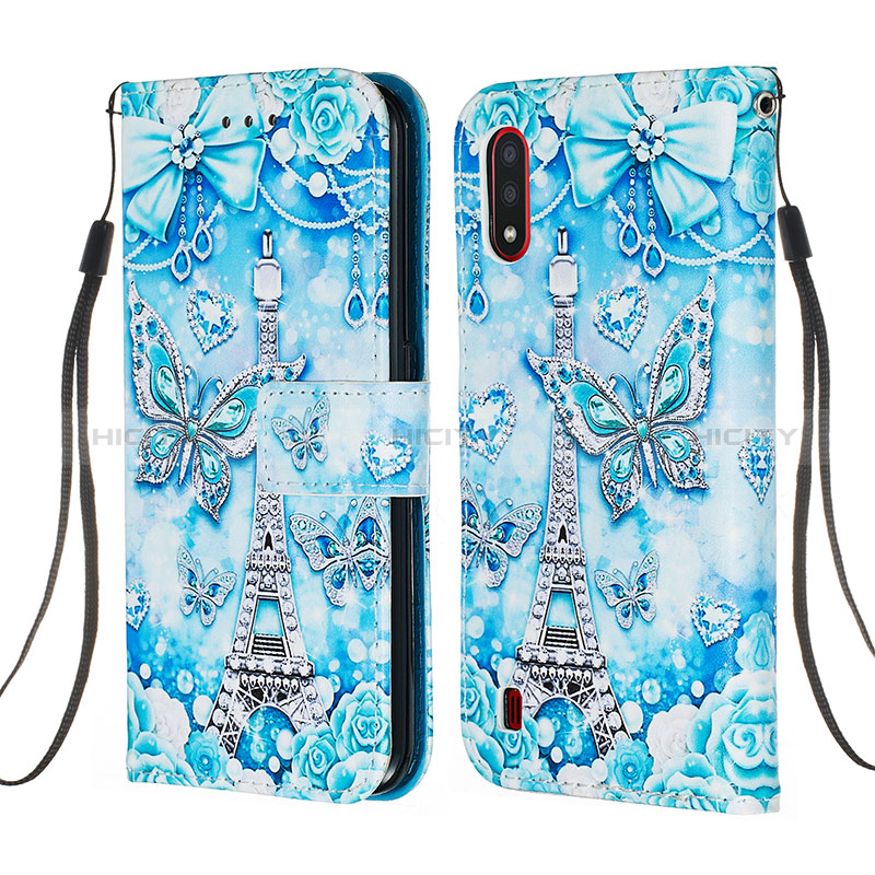 Leather Case Stands Fashionable Pattern Flip Cover Holder Y02B for Samsung Galaxy A01 SM-A015 Mint Blue