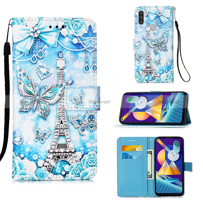 Leather Case Stands Fashionable Pattern Flip Cover Holder Y02B for Samsung Galaxy A11 Mint Blue