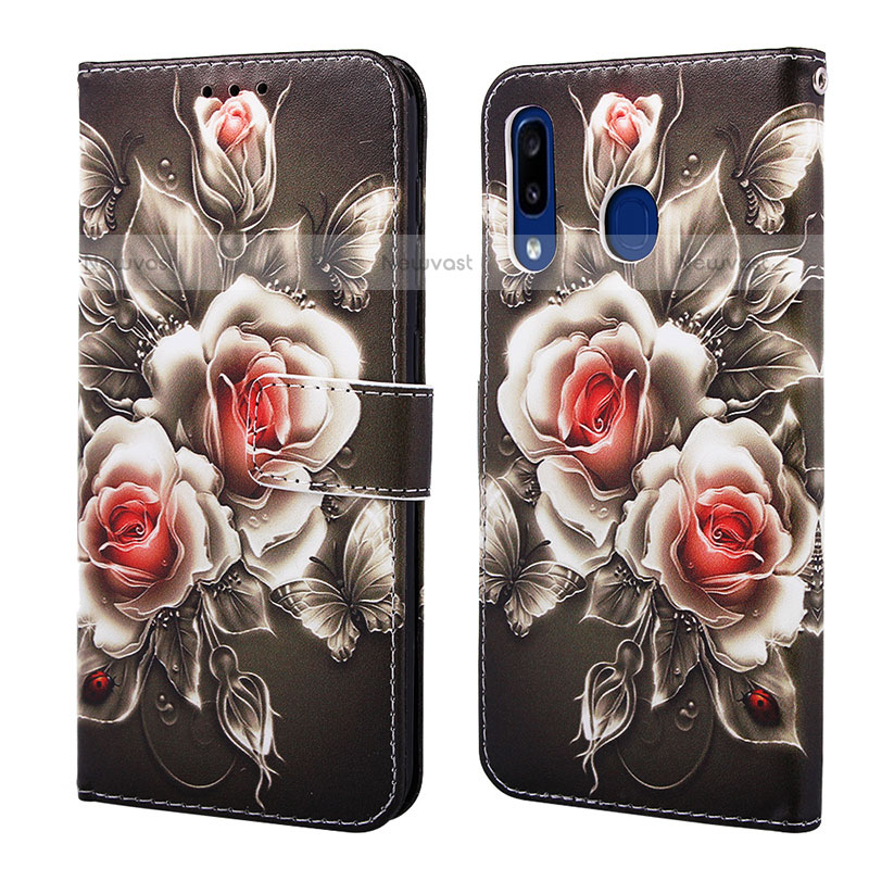 Leather Case Stands Fashionable Pattern Flip Cover Holder Y02B for Samsung Galaxy A20 Black