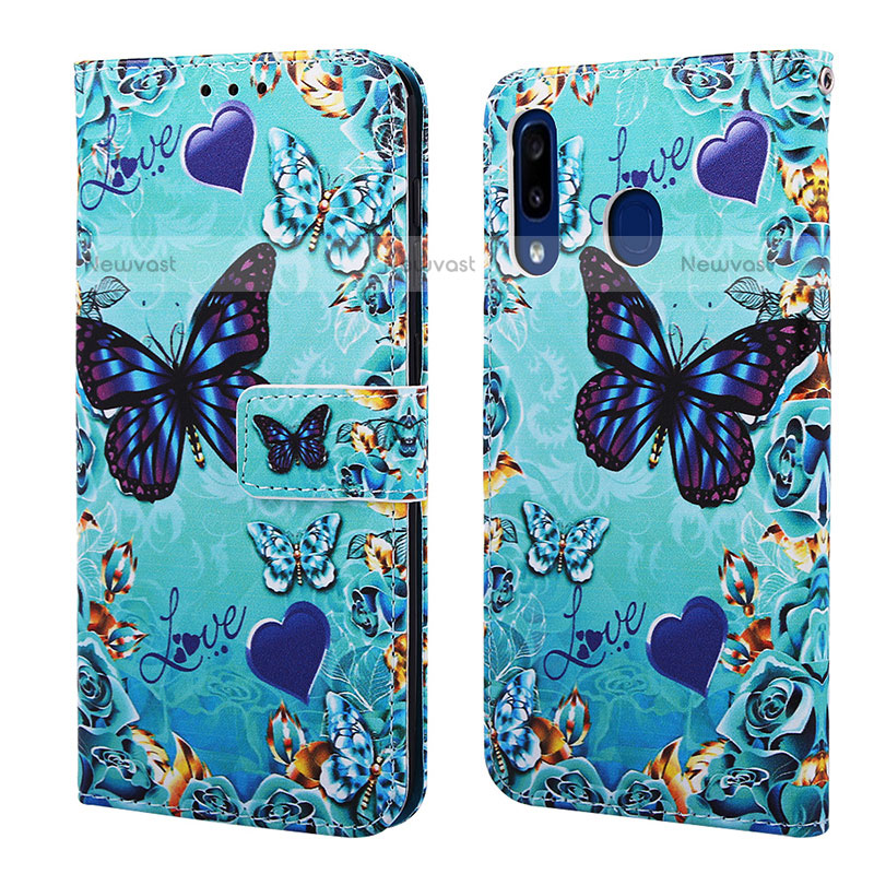 Leather Case Stands Fashionable Pattern Flip Cover Holder Y02B for Samsung Galaxy A20 Sky Blue