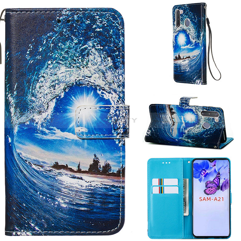 Leather Case Stands Fashionable Pattern Flip Cover Holder Y02B for Samsung Galaxy A21 European Navy Blue