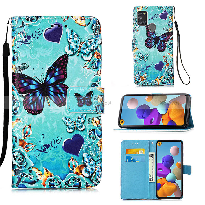 Leather Case Stands Fashionable Pattern Flip Cover Holder Y02B for Samsung Galaxy A21s Sky Blue