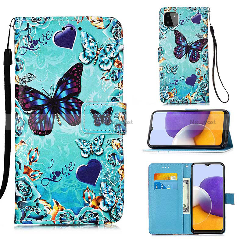 Leather Case Stands Fashionable Pattern Flip Cover Holder Y02B for Samsung Galaxy A22 5G Sky Blue