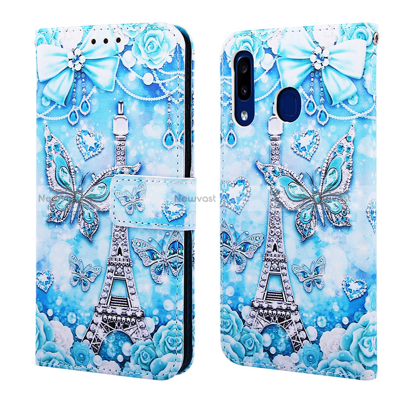 Leather Case Stands Fashionable Pattern Flip Cover Holder Y02B for Samsung Galaxy A30 Mint Blue