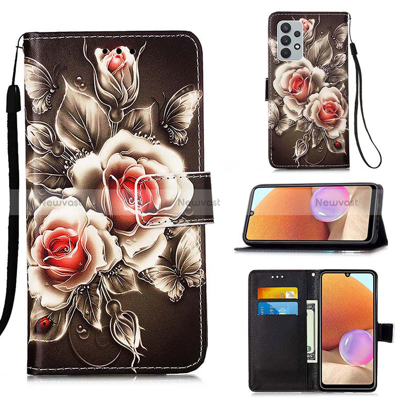 Leather Case Stands Fashionable Pattern Flip Cover Holder Y02B for Samsung Galaxy A32 4G Black