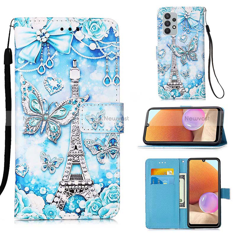 Leather Case Stands Fashionable Pattern Flip Cover Holder Y02B for Samsung Galaxy A32 5G Mint Blue
