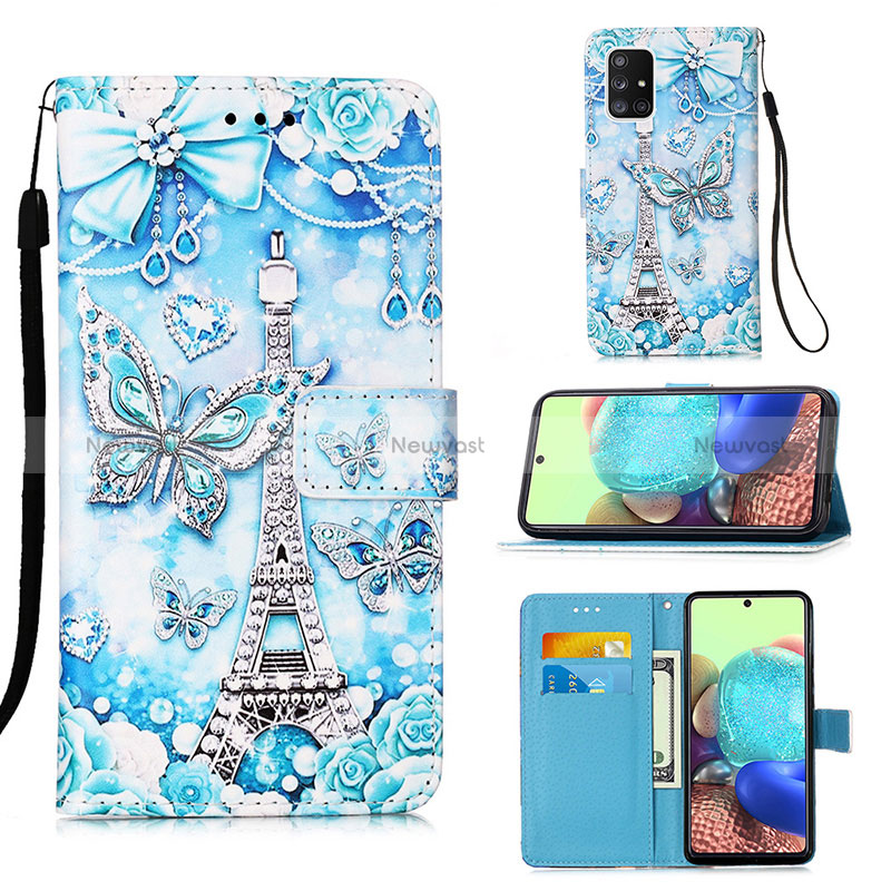 Leather Case Stands Fashionable Pattern Flip Cover Holder Y02B for Samsung Galaxy A71 5G Mint Blue