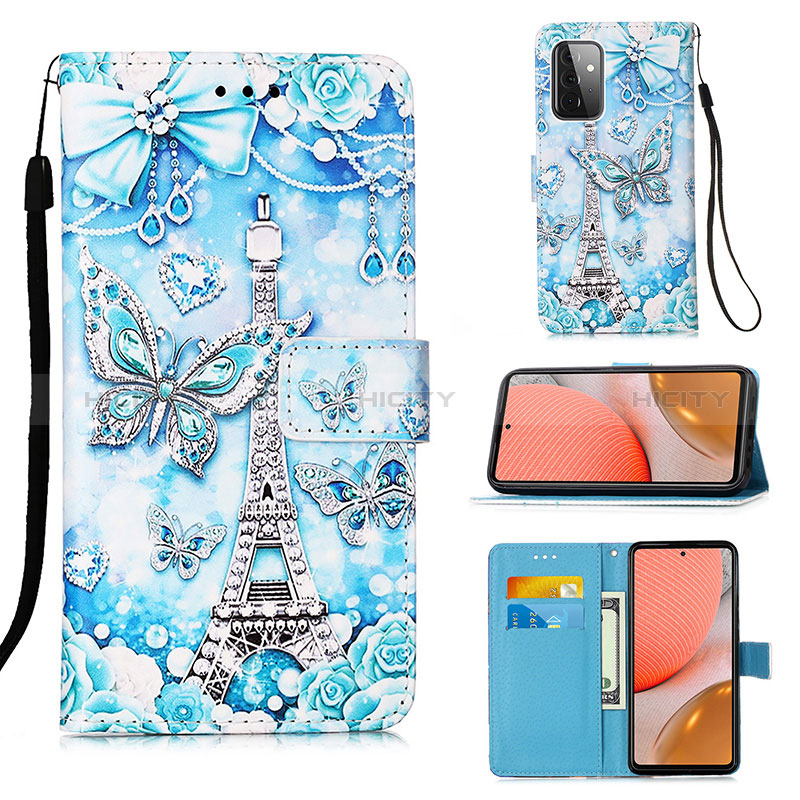 Leather Case Stands Fashionable Pattern Flip Cover Holder Y02B for Samsung Galaxy A72 4G Mint Blue