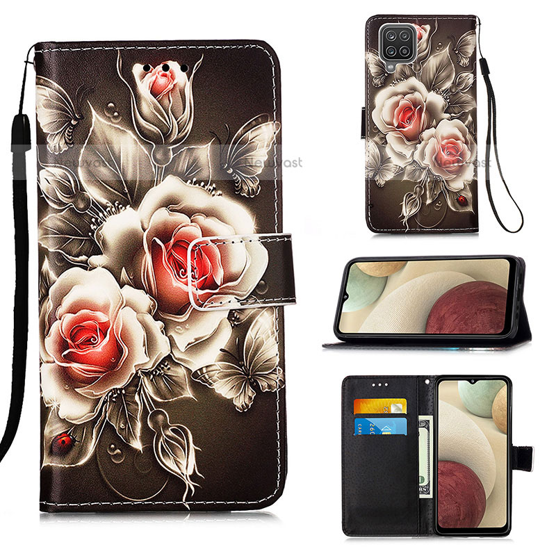 Leather Case Stands Fashionable Pattern Flip Cover Holder Y02B for Samsung Galaxy F12 Black