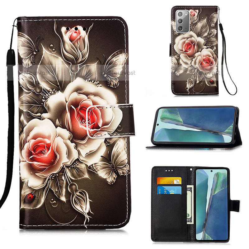 Leather Case Stands Fashionable Pattern Flip Cover Holder Y02B for Samsung Galaxy Note 20 5G Black