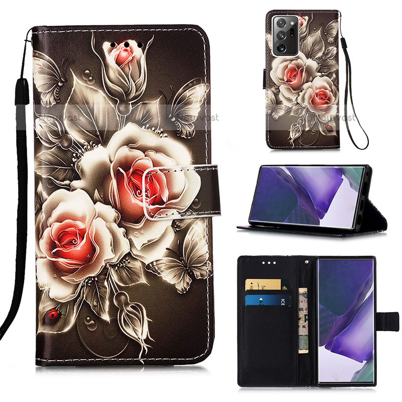 Leather Case Stands Fashionable Pattern Flip Cover Holder Y02B for Samsung Galaxy Note 20 Ultra 5G Black