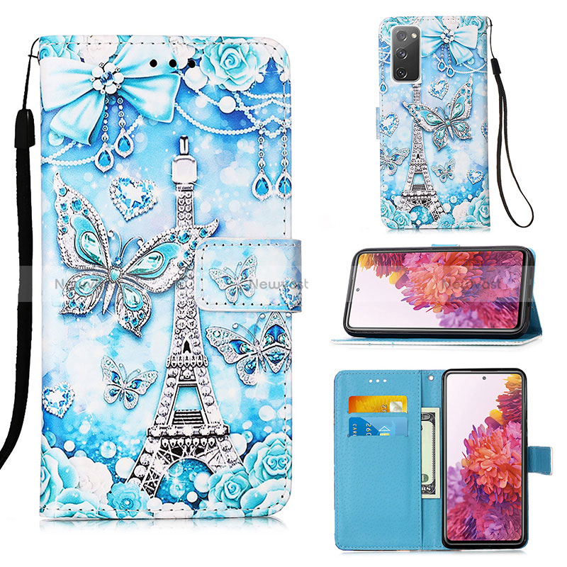 Leather Case Stands Fashionable Pattern Flip Cover Holder Y02B for Samsung Galaxy S20 FE (2022) 5G Mint Blue