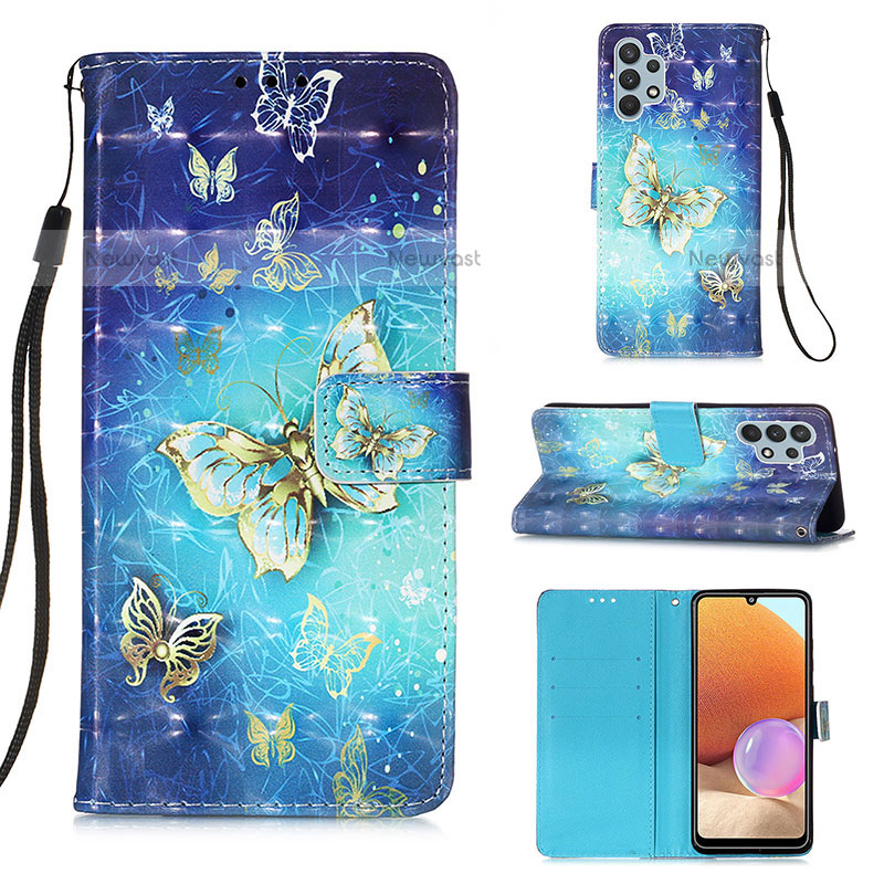 Leather Case Stands Fashionable Pattern Flip Cover Holder Y03B for Samsung Galaxy M32 5G Sky Blue