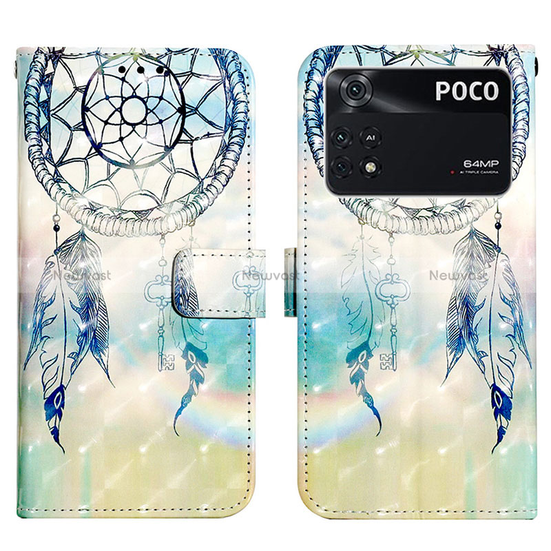 Leather Case Stands Fashionable Pattern Flip Cover Holder Y03B for Xiaomi Poco M4 Pro 4G Mint Blue